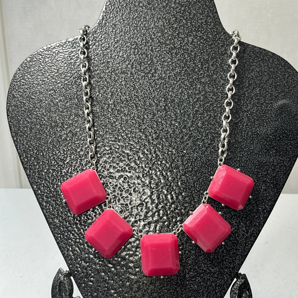 Rose Pink Silver Square Gems Statement Necklace 18 - 21 Inches